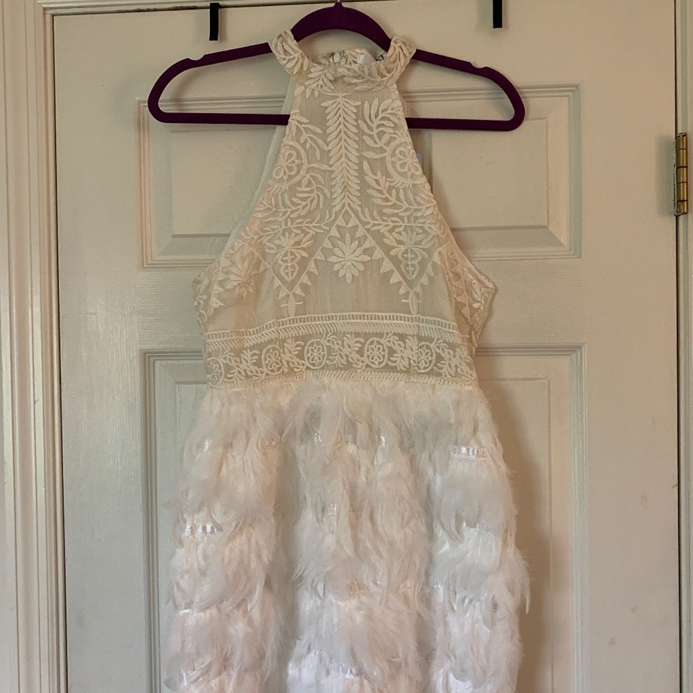 High neck, lace, feather skirt bodycon dress